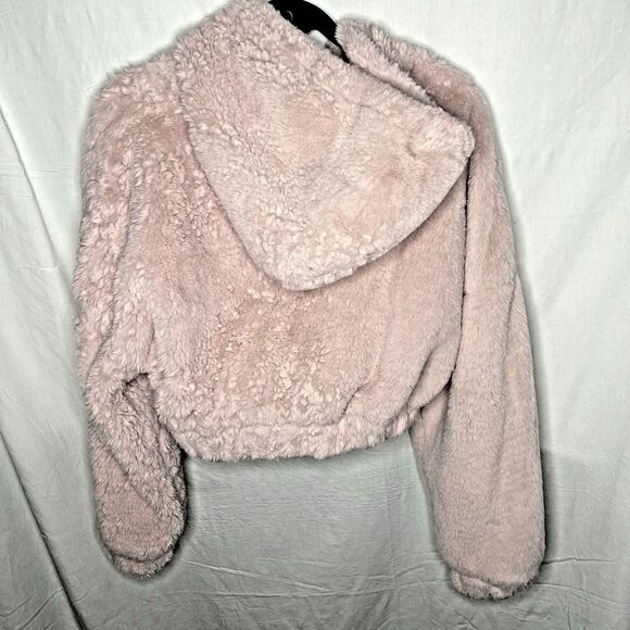 AMBIANCE Outerwear Faux Fur Jacket Hoodie Plush Cropped Zip Coat Womens L Pink - Picture 3 of 6